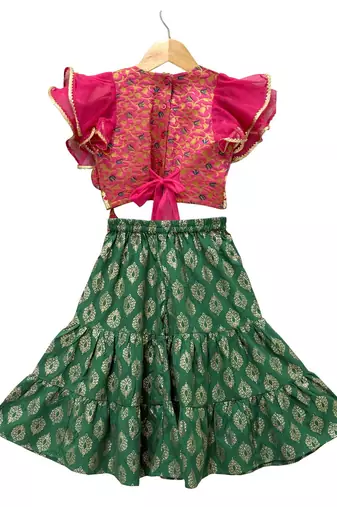 woven brocade half sleeves embellished top with printed sharara-pink & green