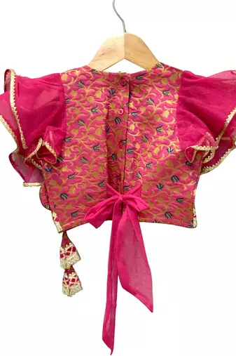 woven brocade half sleeves embellished top with printed sharara-pink & green