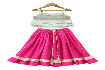 woven sleeveless embellished top with printed lehenga-white & pink 1