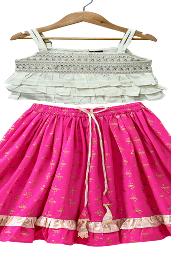 woven sleeveless embellished top with printed lehenga-white & pink