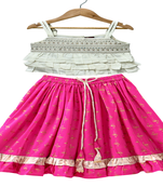woven sleeveless embellished top with printed lehenga-white & pink