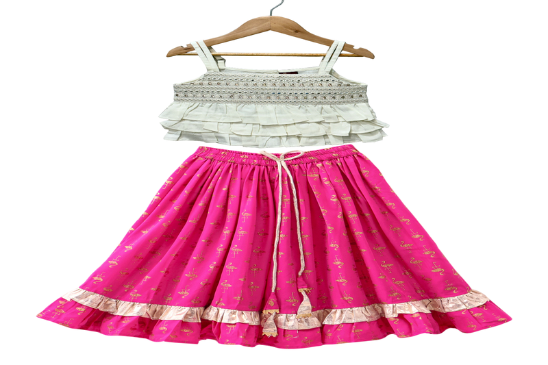 woven sleeveless embellished top with printed lehenga-white & pink