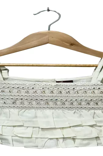 woven sleeveless embellished top with printed lehenga-white & pink