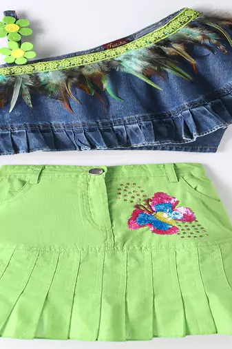 Elaisha woven embellished denim top  with  skirt with beautiful butterfly patch - blue & limegreen