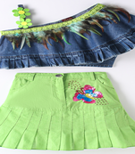 Elaisha woven embellished denim top  with  skirt with beautiful butterfly patch - blue & limegreen