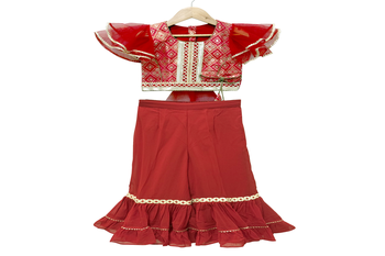 Elaisha woven brocade half sleeves embellished top with palazzo-red 1