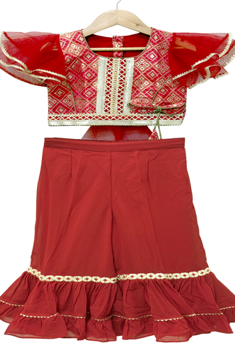 Elaisha woven brocade half sleeves embellished top with palazzo-red