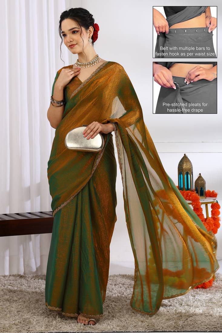 silk blend zari woven print ready to wear saree dark mustard