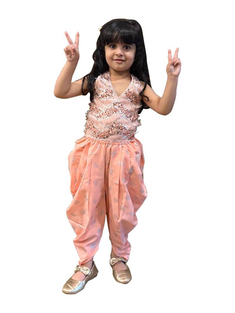 woven sleeveless embellished top with dhoti-peach