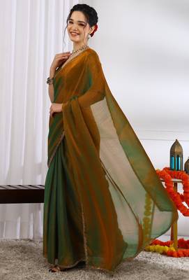 silk blend zari woven print ready to wear saree dark mustard 2