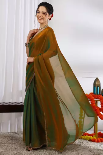 silk blend zari woven print ready to wear saree dark mustard