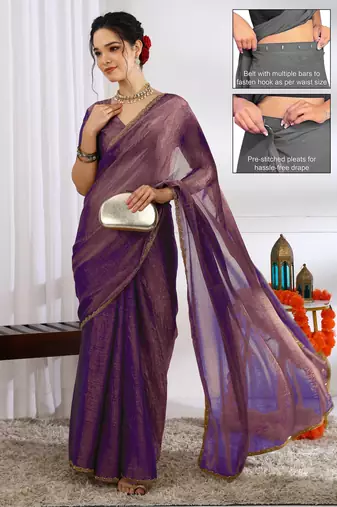 silk blend zari woven print ready to wear saree dark purple