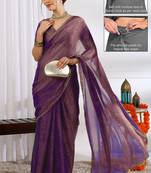 silk blend zari woven print ready to wear saree dark purple