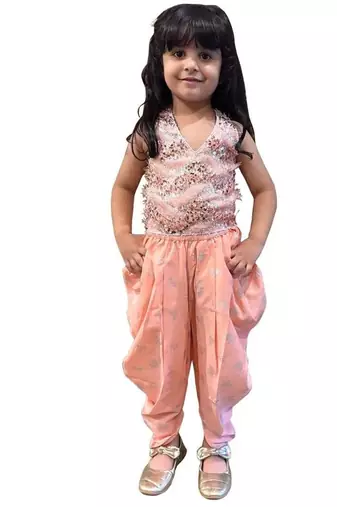 woven sleeveless embellished top with dhoti-peach