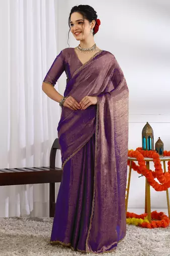 silk blend zari woven print ready to wear saree dark purple