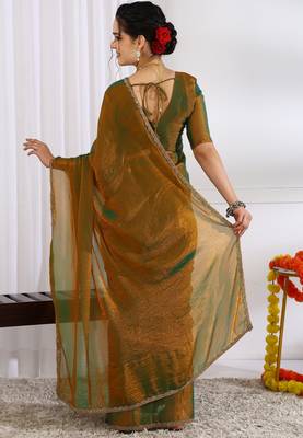 silk blend zari woven print ready to wear saree dark mustard 3