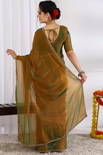 silk blend zari woven print ready to wear saree dark mustard