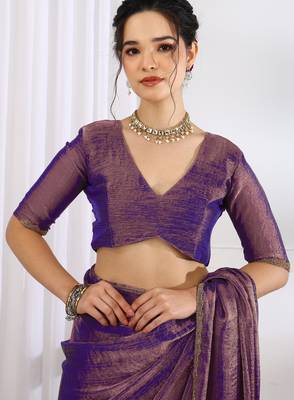 silk blend zari woven print ready to wear saree dark purple 3