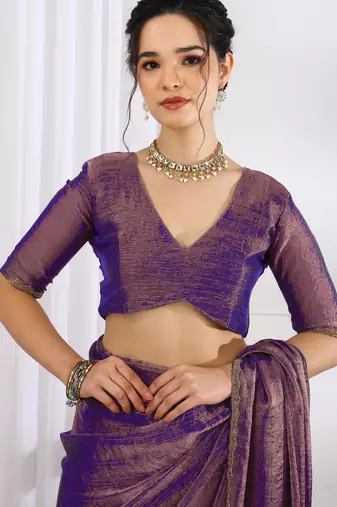 silk blend zari woven print ready to wear saree dark purple