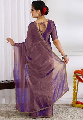 silk blend zari woven print ready to wear saree dark purple 4