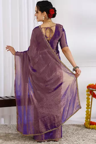 silk blend zari woven print ready to wear saree dark purple