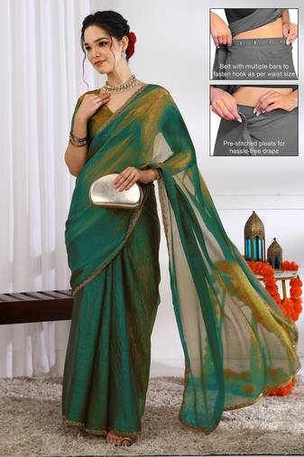 silk blend zari woven print ready to wear saree mehandi green