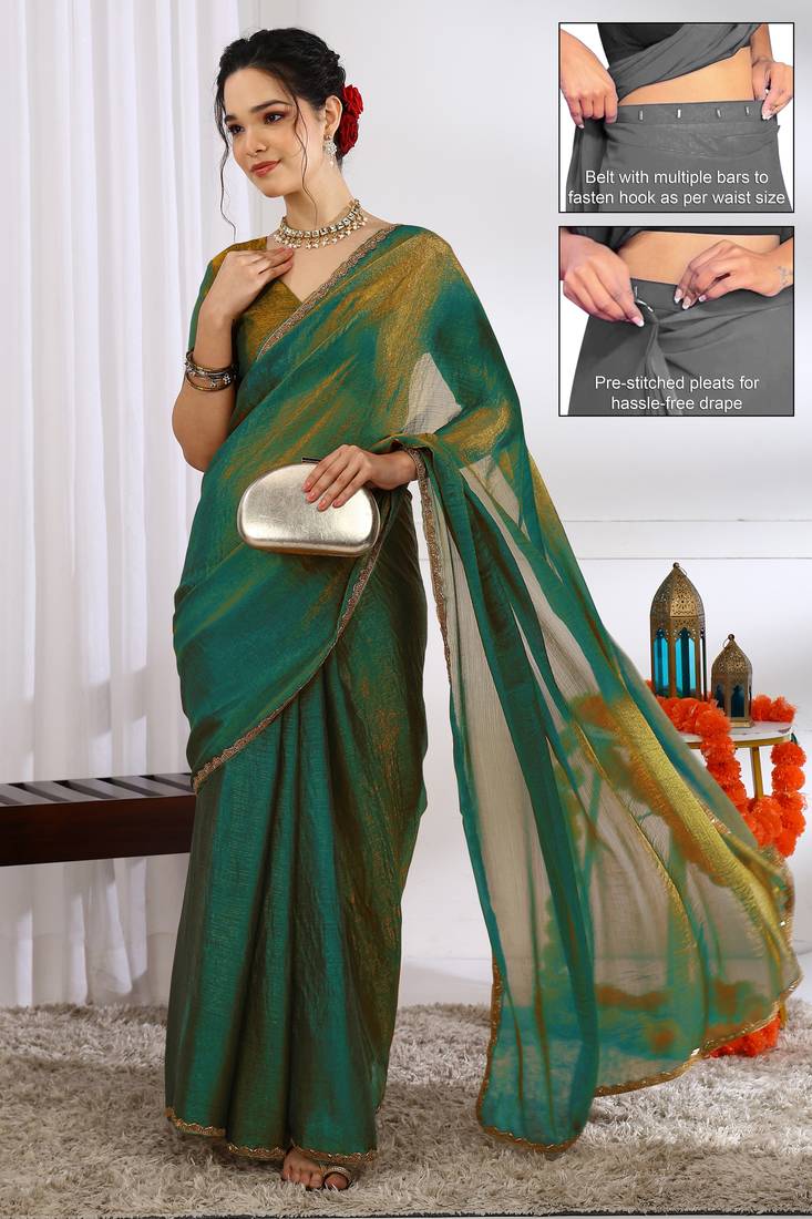 silk blend zari woven print ready to wear saree mehandi green