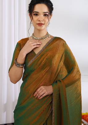 silk blend zari woven print ready to wear saree dark mustard 5