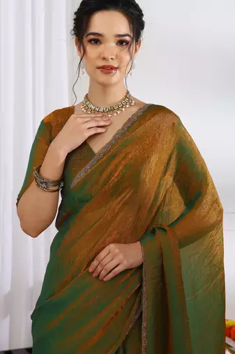silk blend zari woven print ready to wear saree dark mustard