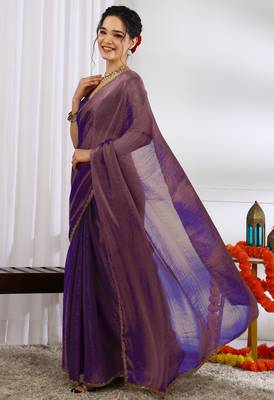 silk blend zari woven print ready to wear saree dark purple 5