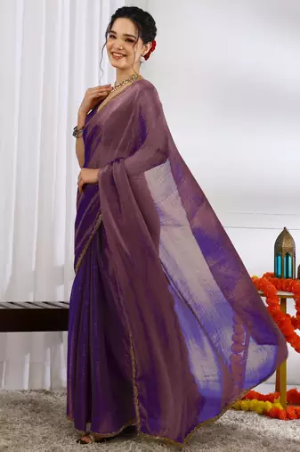 silk blend zari woven print ready to wear saree dark purple