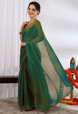 silk blend zari woven print ready to wear saree mehandi green 2