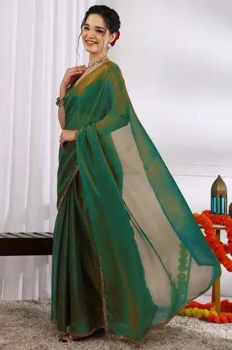 silk blend zari woven print ready to wear saree mehandi green