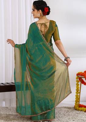 silk blend zari woven print ready to wear saree mehandi green 3