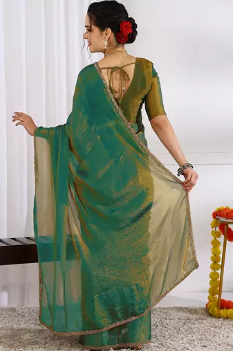 silk blend zari woven print ready to wear saree mehandi green