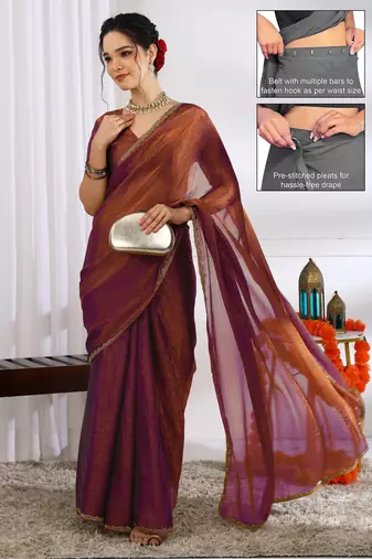 silk blend zari woven print ready to wear saree coffee brown