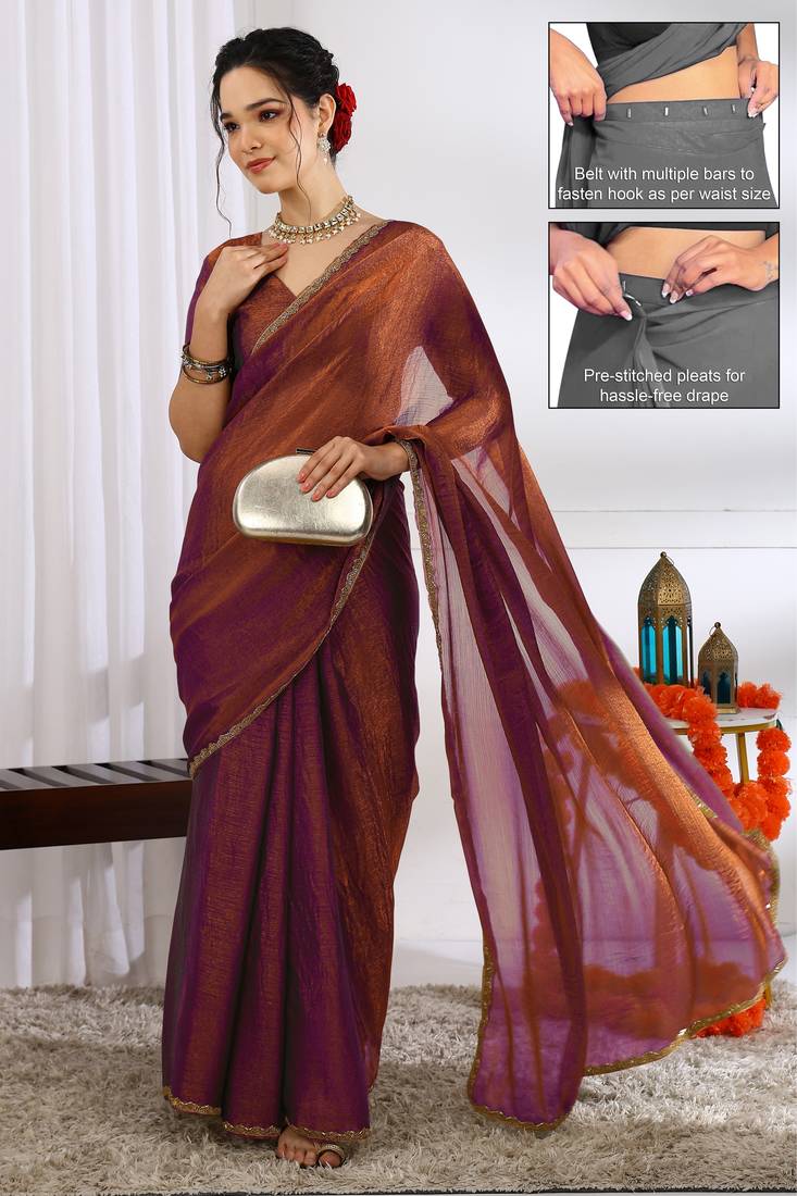 silk blend zari woven print ready to wear saree coffee brown