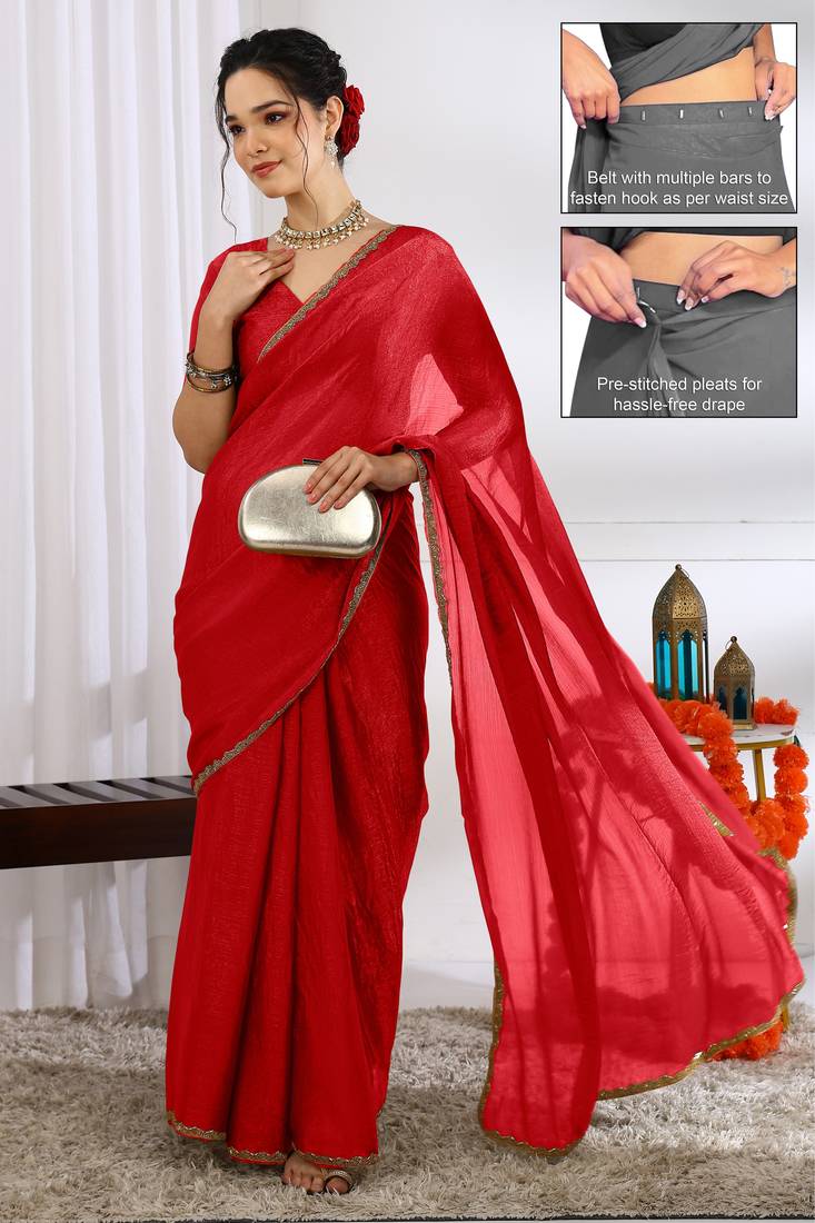 silk blend zari woven print ready to wear saree red