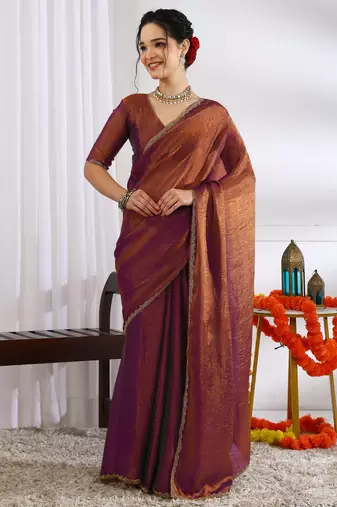 silk blend zari woven print ready to wear saree coffee brown