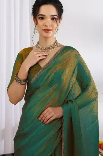 silk blend zari woven print ready to wear saree mehandi green