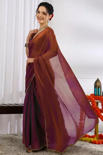 silk blend zari woven print ready to wear saree coffee brown
