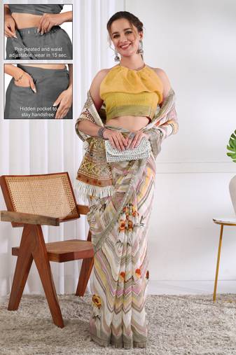 cotton blend chevron floral print ready to wear saree with pocket white