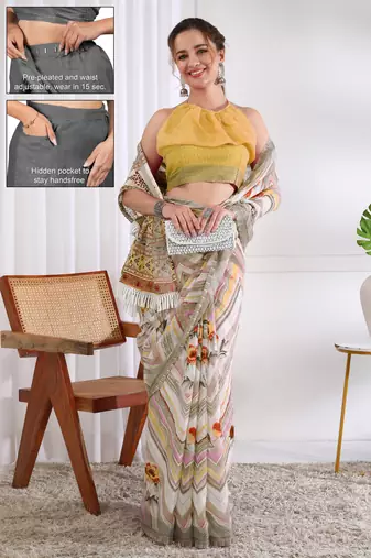 cotton blend chevron floral print ready to wear saree with pocket white