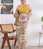 cotton blend chevron floral print ready to wear saree with pocket white