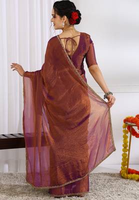 silk blend zari woven print ready to wear saree coffee brown 4