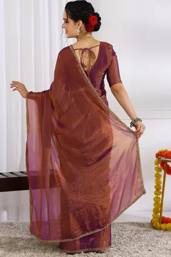 silk blend zari woven print ready to wear saree coffee brown