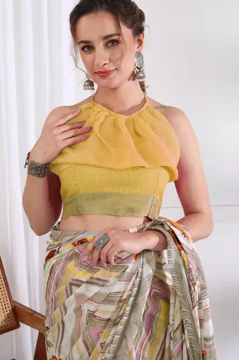 cotton blend chevron floral print ready to wear saree with pocket white