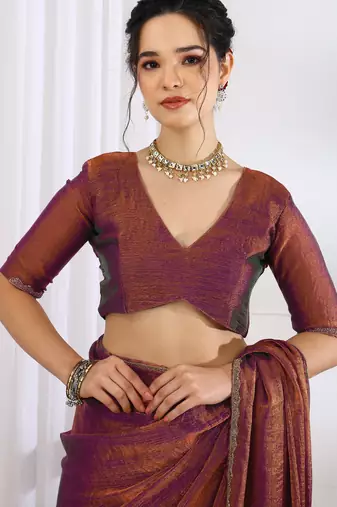 silk blend zari woven print ready to wear saree coffee brown