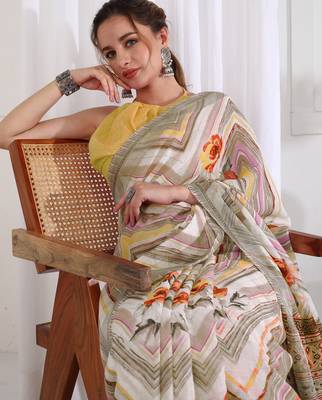 cotton blend chevron floral print ready to wear saree with pocket white 3