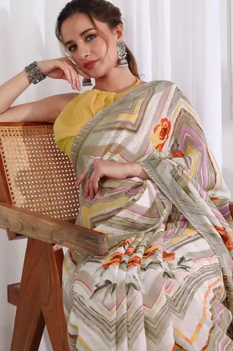 cotton blend chevron floral print ready to wear saree with pocket white